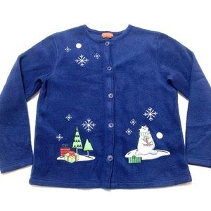 Traditions Great Northwest Fleece Button Up Holiday Sweater Polar Bear Sz Small